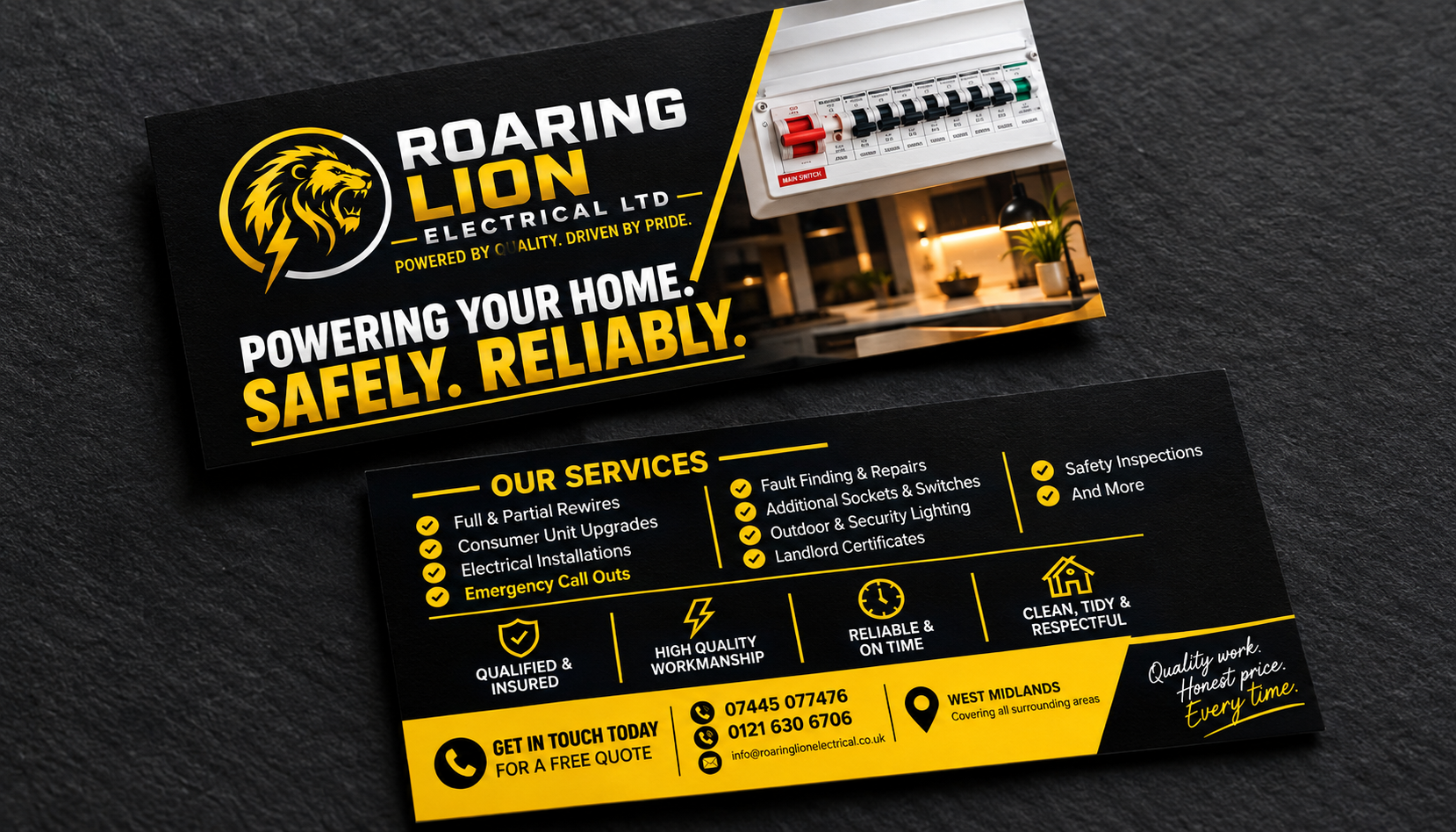 Roaring Lion lion and lightning logo from our business cards